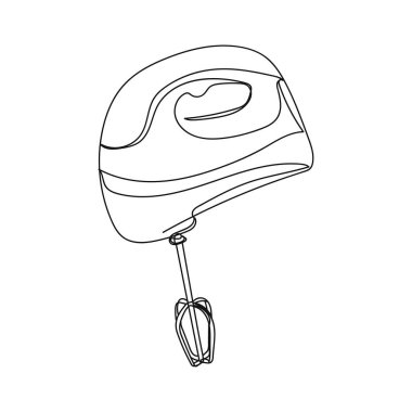 Beyaz bir arkaplanda siluet içinde basit bir elektrik el karıştırıcı ikonu çizimi devam ediyor. Doğrusal biçimlendirilmiş.