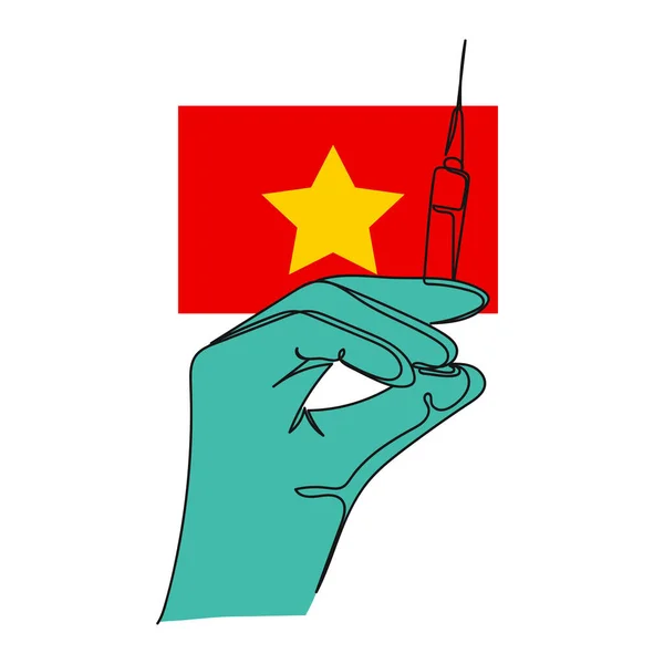 白い背景にシルエットでベトナムのアイコンにワクチン接種を保持手の連続的な1つの単純な単一の抽象的な線図 線形形式 — ストックベクタ