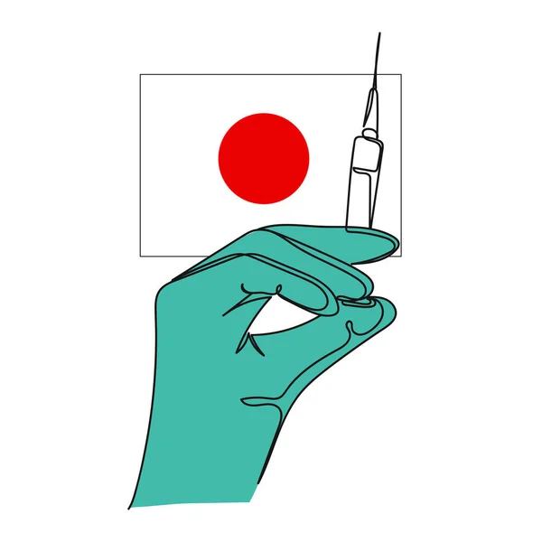 白を基調としたシルエットで日本のアイコンにワクチン接種を保持する手の連続1つの単純な抽象的な線画 線形形式 — ストックベクタ
