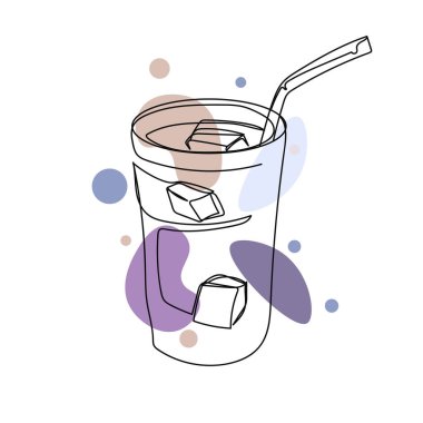 Beyaz bir arkaplanda gölgede duran bir bardak lezzetli buzlu kahve ikonu çiziminin aralıksız çizimi. Doğrusal biçimlendirilmiş.