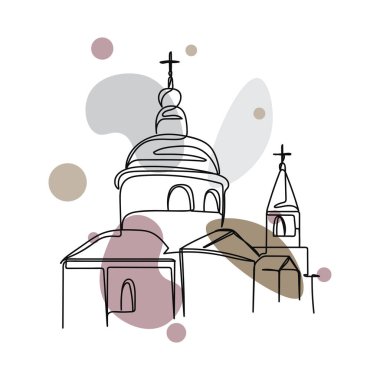 Beyaz arka planda siluet içinde güzel bir kilise ikonu içinde tek bir basit soyut kadın çizimi devam ediyor. Doğrusal biçimlendirilmiş.