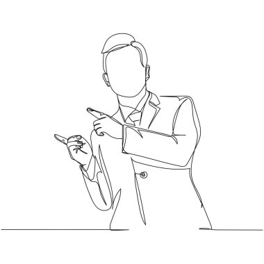 Beyaz arka planda takım elbise ikonu takan iş adamının sürekli, tek bir soyut çizgisi. Doğrusal biçimlendirilmiş.