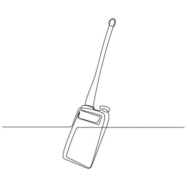 Mobil telsiz sesli ikonunun beyaz arka planda silüet halinde tek bir basit soyut çizimi devam ediyor. Doğrusal biçimlendirilmiş.