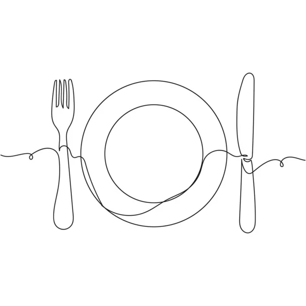 Continuous One Simple Single Abstract Line Drawing Fork Knife Plate — Stock Vector