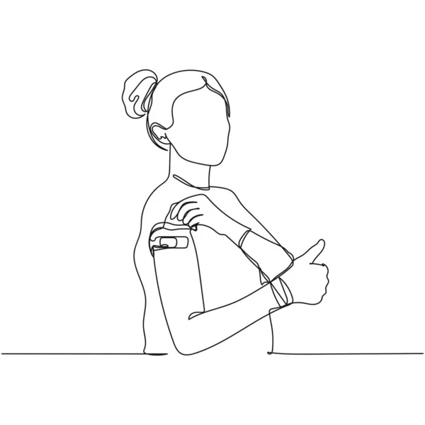 连续一个简单的护士医护人员抽象线条绘图 在白色背景的轮廓中显示大拇指和疫苗图标 线性风格化 — 图库矢量图片