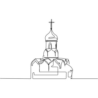 Beyaz arka planda, Hristiyan kilisesinin paskalya günü siluetinde basit bir soyut çizimi devam ediyor. Doğrusal biçimlendirilmiş.