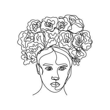 Beyaz arka planda, çiçek başlı, siluetli tek bir kadın çizimi devam ediyor. Doğrusal biçimlendirilmiş.