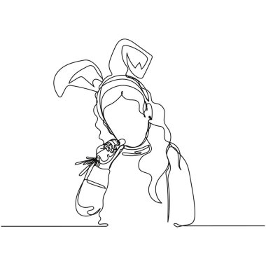 Beyaz arka planda paskalya tavşanı kulakları takan bir kızın basit, soyut bir çizimi devam ediyor. Doğrusal biçimlendirilmiş.