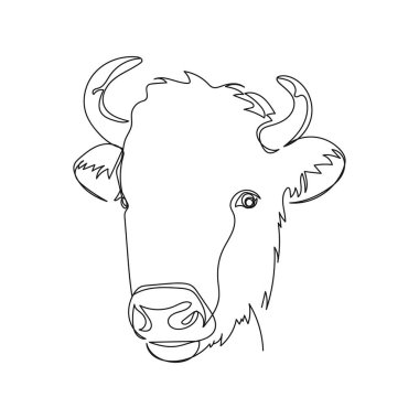 Beyaz bir arkaplanda siluet içinde bizon portresi simgesinin tek bir basit çizgi çizimi devam ediyor. Doğrusal biçimlendirilmiş.