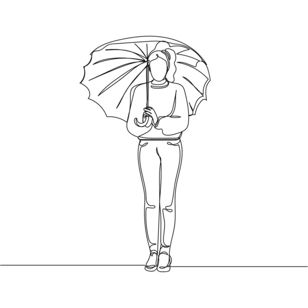 连续一个简单的单一抽象线条画的妇女与伞在轮廓白色背景 线性风格化 — 图库矢量图片