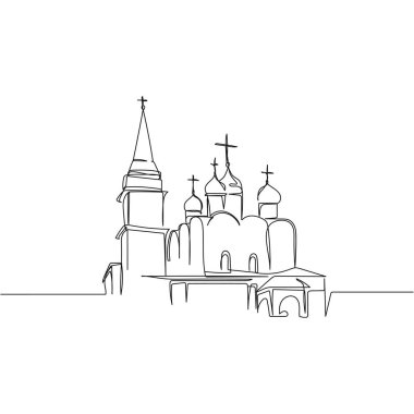Beyaz arka planda, Ortodoks Kilisesi dini Paskalya Günü konseptinin silüet halinde tek bir soyut çizimi devam ediyor. Doğrusal biçimlendirilmiş.