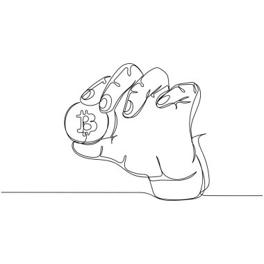 Beyaz bir arka planda, bir iş adamının silüetinde altın bitcoin 'in basit ve soyut bir çizimi devam ediyor. Doğrusal biçimlendirilmiş.