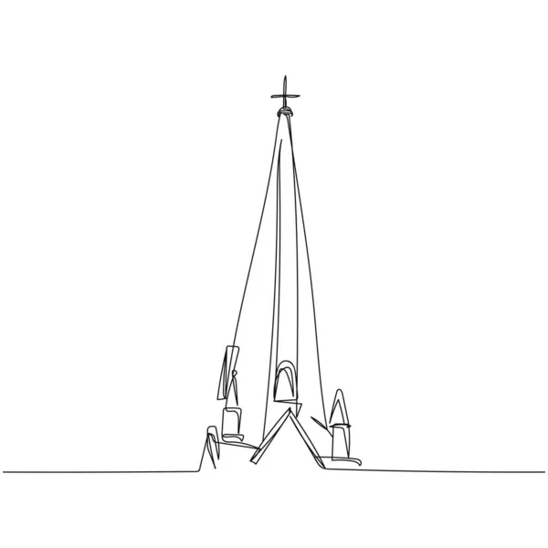 Continuo Una Sola Línea Abstracta Simple Dibujo Aguja Iglesia Silueta — Vector de stock