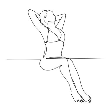 Beyaz bir arka planda siluet içinde bikini yaz konsepti içinde güzel bir kadının sürekli tek bir soyut çizimi. Doğrusal biçimlendirilmiş.