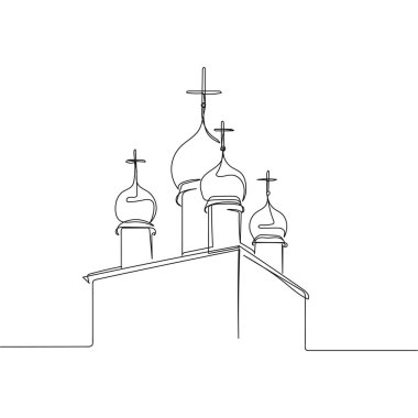 Beyaz arka planda sürekli olarak kilise inşa konsepti simgesinin basit bir soyut çizimi. Doğrusal biçimlendirilmiş.