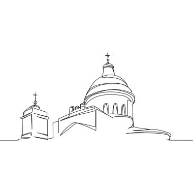 Lavra Kilisesi 'nin beyaz arka planda silüet halinde basit bir çizimi devam ediyor. Doğrusal biçimlendirilmiş.