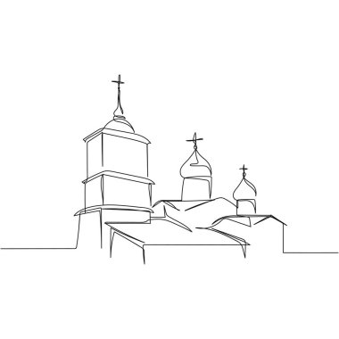 Beyaz bir arka planda sürekli olarak kilise dini kavramının silüetinde basit bir soyut çizgi çizimi. Doğrusal biçimlendirilmiş.