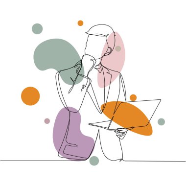 Beyaz arka planda dizüstü bilgisayarı silüet olarak kullanan tek bir basit soyut çizim devam ediyor. Doğrusal biçimlendirilmiş.