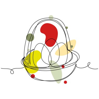 Paskalya yumurtalarının silüet halinde beyaz arka planda sepetin içine çizilmiş tek bir soyut çizgi devam ediyor. Doğrusal biçimlendirilmiş.