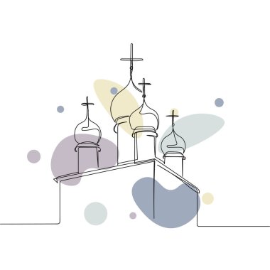 Beyaz arka planda sürekli olarak kilise inşa konsepti simgesinin basit bir soyut çizimi. Doğrusal biçimlendirilmiş.