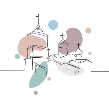 Beyaz bir arka planda sürekli olarak kilise dini kavramının silüetinde basit bir soyut çizgi çizimi. Doğrusal biçimlendirilmiş.