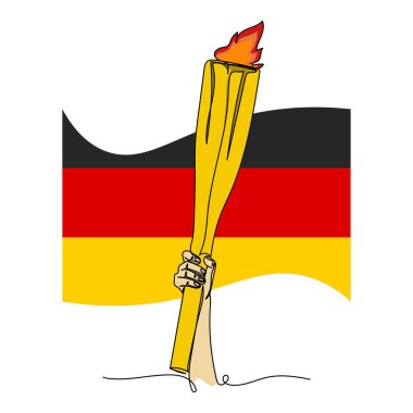 Beyaz arka planda silüet olarak Almanya bayrağı ikonu olan olimpik alev devir seremonisinin tek bir soyut çizgisi devam ediyor. Doğrusal biçimlendirilmiş.