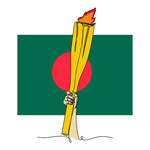 连续一个简单的奥运圣火交接仪式的抽象线条画 白色背景上有孟加拉国国旗图标 线性风格化 — 图库矢量图片