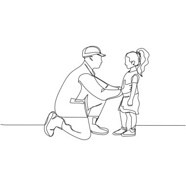 Devamlı basit, soyut bir çizim, asker baba askerin diz çöktüğü ve beyaz arka planda siluet halinde kız ikonu selamladığı. Doğrusal biçimlendirilmiş.