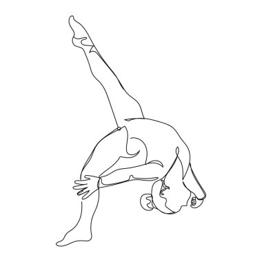 Beyaz bir arkaplanda siluette olimpik kadın jimnastikçi ikonunun sürekli tek bir çizimi. Doğrusal biçimlendirilmiş.