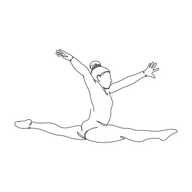 Beyaz bir arkaplanda siluette olimpik kadın jimnastikçi ikonunun sürekli tek bir çizimi. Doğrusal biçimlendirilmiş.