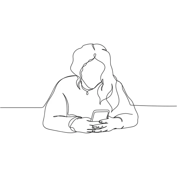 白い背景にシルエットで携帯電話のアイコンにメッセージを入力する女性の連続した1つのシンプルな抽象的な線画 線形形式 — ストックベクタ