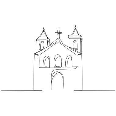 Beyaz bir arka planda sürekli olarak kilise dini kavramının silüetinde basit bir soyut çizgi çizimi. Doğrusal biçimlendirilmiş.