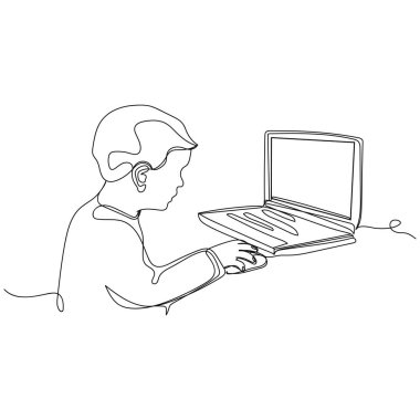 Sürekli olarak, beyaz bir arkaplanda dizüstü bilgisayar simgesi olan basit, soyut bir okul çocuğu çizimi. Doğrusal biçimlendirilmiş.