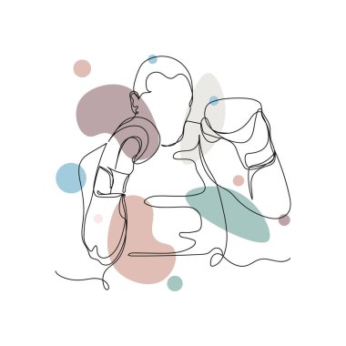 Boksör sporu konseptinin beyaz arka planda silüet halinde tek bir basit çizgi çizimi devam ediyor. Doğrusal biçimlendirilmiş.