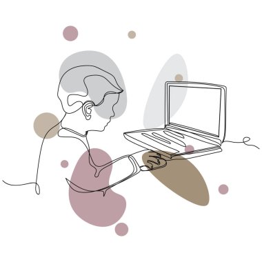 Sürekli olarak, beyaz bir arkaplanda dizüstü bilgisayar simgesi olan basit, soyut bir okul çocuğu çizimi. Doğrusal biçimlendirilmiş.