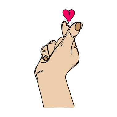 Vektör özeti sürekli tek bir basit çizgi çizimi el kalp sembolü silueti çizimi beyaz arkaplan üzerine çizim.