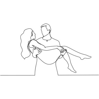 Beyaz bir arka planda, bir kadının aşk konsepti simgesini siluetinde tutan tek bir soyut çizim devam ediyor. Doğrusal biçimlendirilmiş.