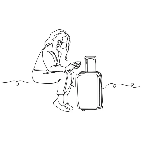 连续一张简单的妇女带着面具的抽象线条绘图 以防止带有行李图标的病毒出现在白色背景的轮廓中 线性风格化 — 图库矢量图片