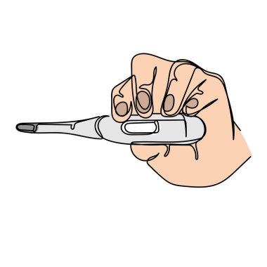 Beyaz bir arkaplanda elektronik termometre simgesini tutan basit bir el çizimi devam ediyor. Doğrusal biçimlendirilmiş.