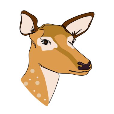 Geyik portresi taslak ikonunun beyaz bir arkaplanda siluet halinde basit bir soyut çizimi devam ediyor. Doğrusal biçimlendirilmiş.