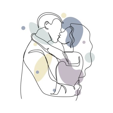 Güzel insanların beyaz arka planda silüet halinde aşk ikonu çizimlerinin aralıksız çizimi. Doğrusal biçimlendirilmiş.