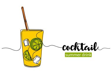 Vektör soyut sürekli tek bir basit çizgi siluet çizimi ile taze soğuk kokteyl ikonu çiziyor.