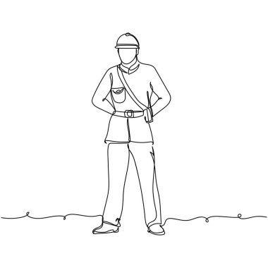 Beyaz bir arkaplanda siluet içinde asker simgesinin tek bir basit çizgi çizimi devam ediyor. Doğrusal biçimlendirilmiş.