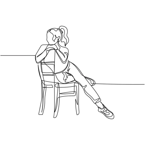 连续一张简洁的单幅抽象线条画 画的是坐在椅子上的美丽女士 她的肖像图标是白色背景的轮廓 线性风格化 — 图库矢量图片
