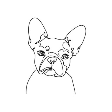 Beyaz bir arka planda siluette Fransız bulldog hayvan konsepti ikonunun sürekli tek bir soyut çizimi. Doğrusal biçimlendirilmiş.