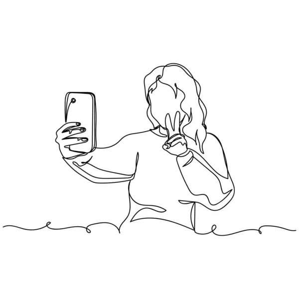 Continu Dessin Simple Ligne Abstraite Simple Fille Utilisant Téléphone Mobile — Image vectorielle