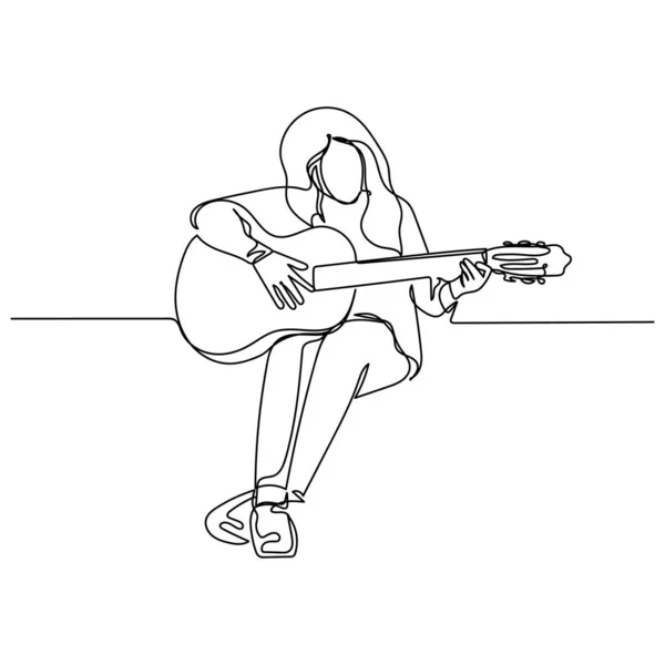 Contínuo Simples Desenho Linha Abstrata Menina Sentada Segurando Ícone Guitarra Ilustrações De Stock Royalty-Free