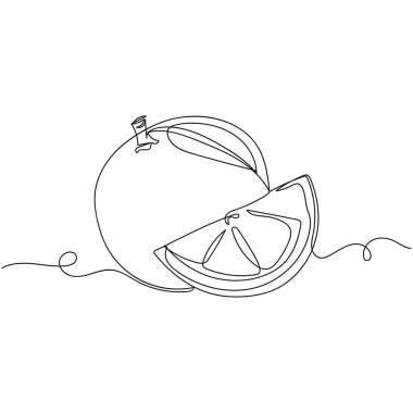 Beyaz bir arkaplanda siluet halinde yaprak ve dilimler halinde tek bir basit soyut turuncu çizgi çizimi. Doğrusal biçimlendirilmiş.