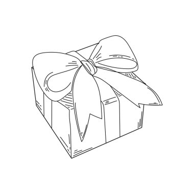 Beyaz arkaplanda siluet şeklinde kurdele yayı olan hediye kutusunun bir satırını çiz. Doğrusal biçimlendirilmiş.