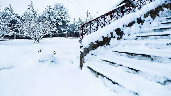 Verschneite Treppe mit geschmiedetem Geländer gegen den Wintergarten — Stockfoto